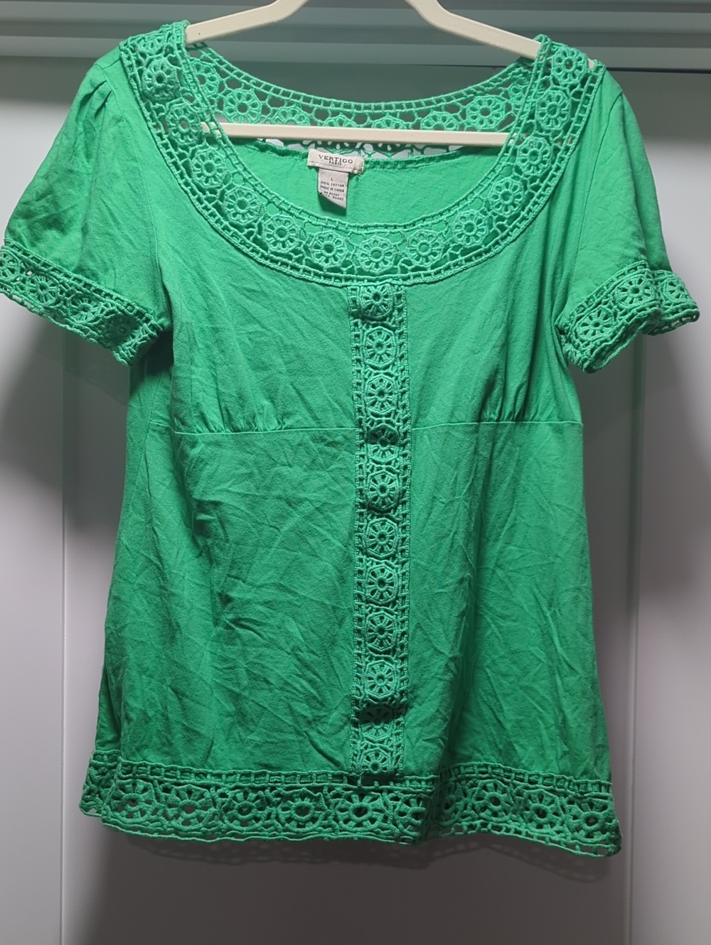 Vertigo Paris Green Crochet-Trim Scoop Neck Top